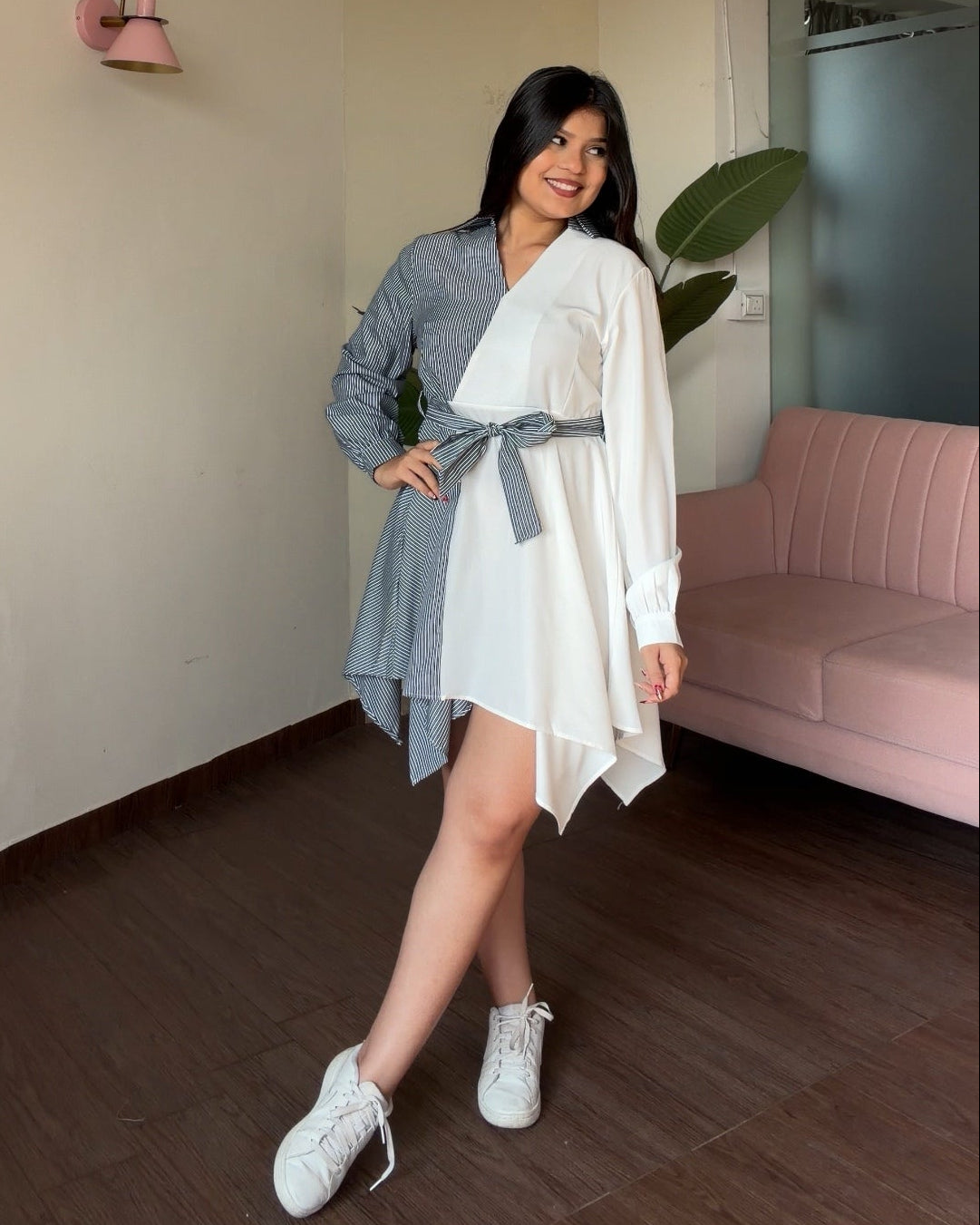 Dual Pattern Tie Up Shirt Dress