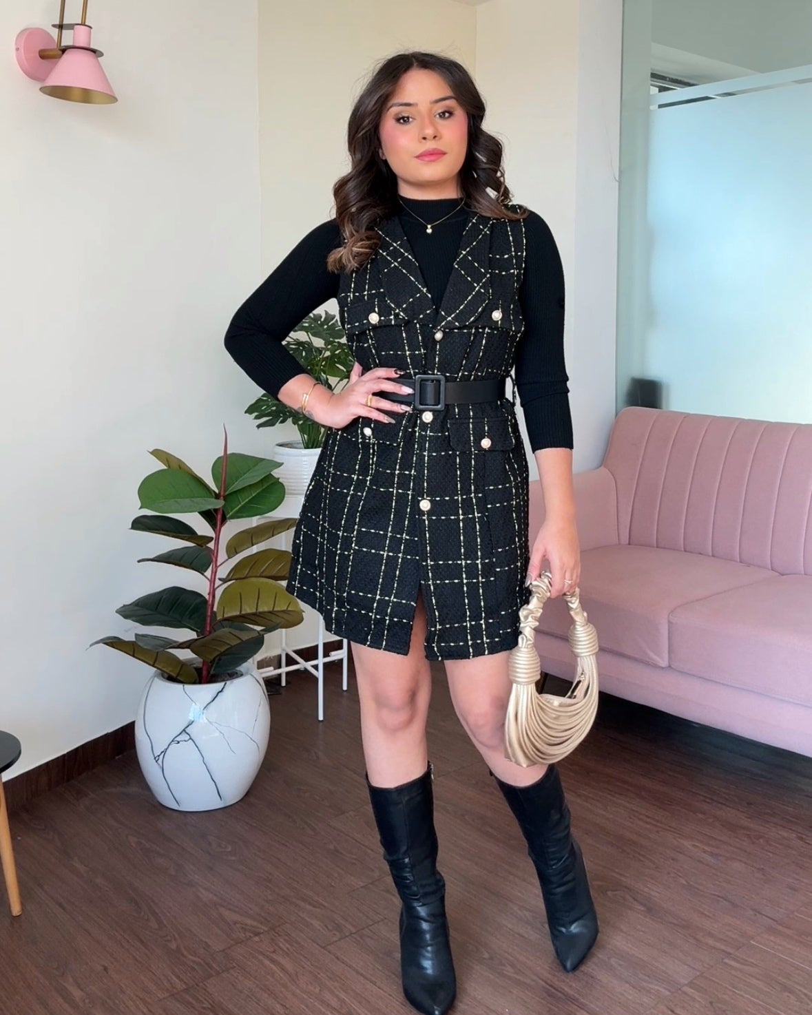 3 Piece Tweed Dress With Belt And Inner