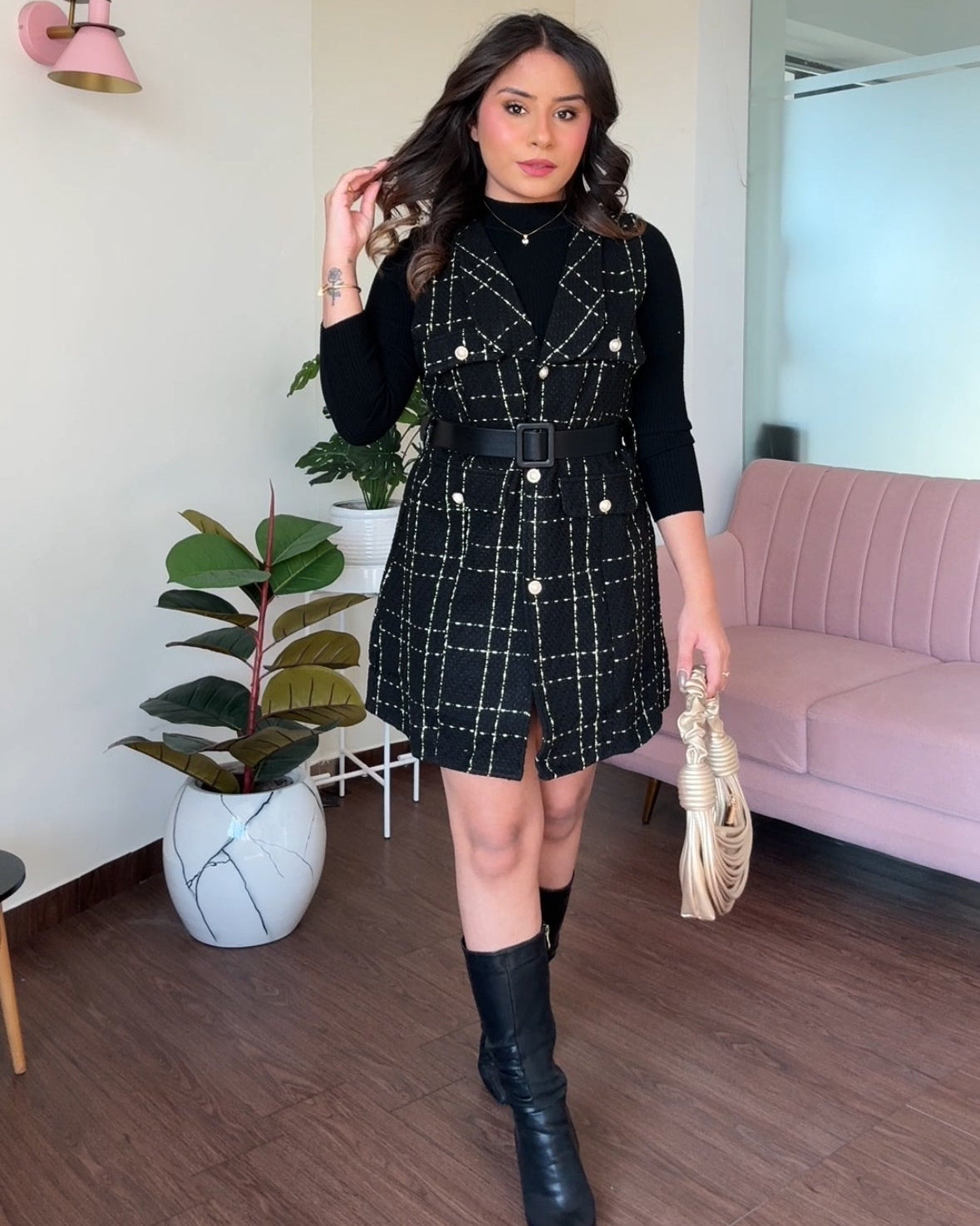 3 Piece Tweed Dress With Belt And Inner