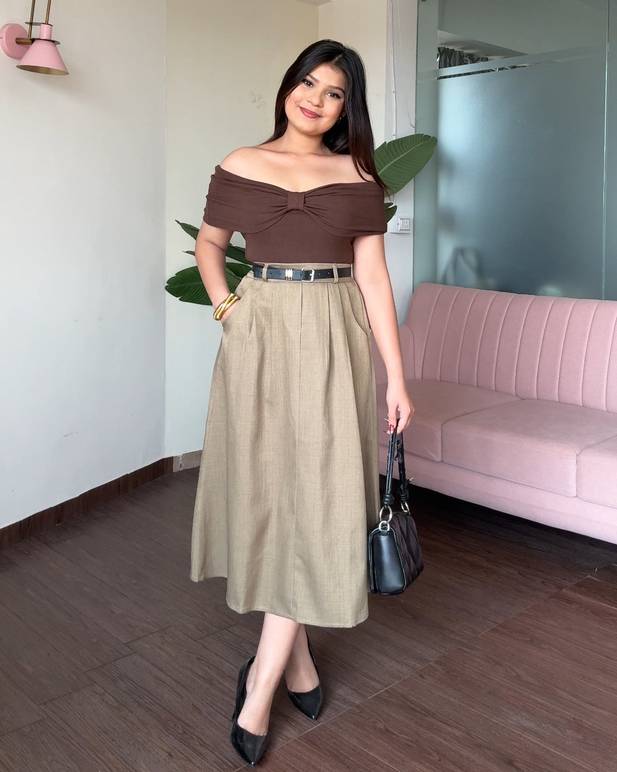 High Waist Flared Midi Skirt With Belt