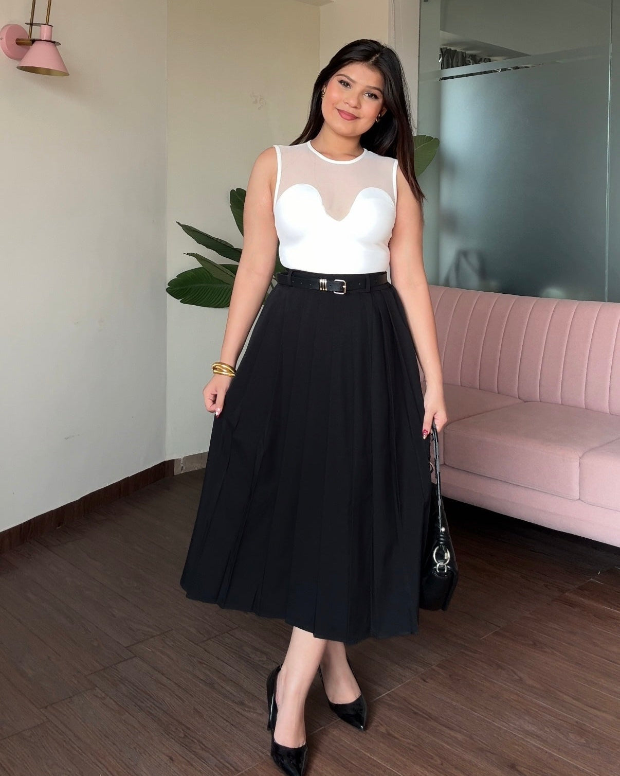 High Waist Pleated Midi Skirt With Belt