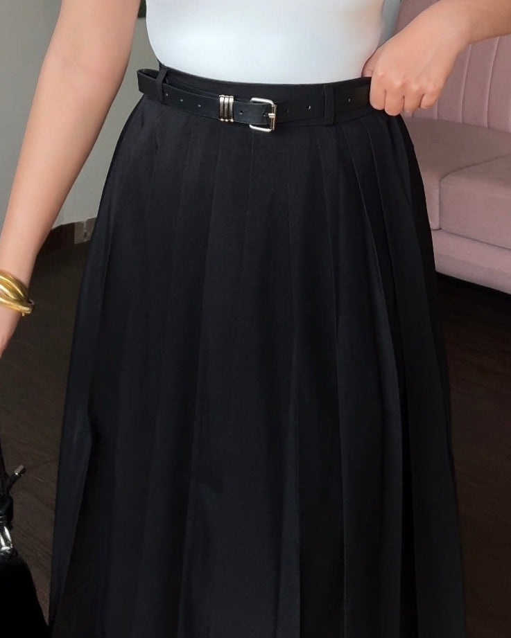 High Waist Pleated Midi Skirt With Belt