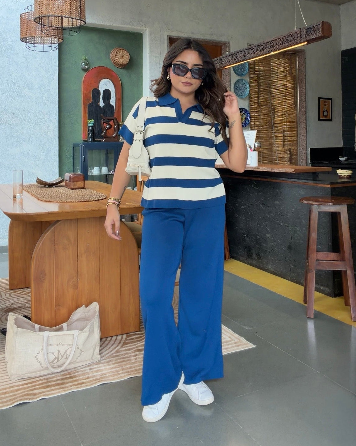 Striped Detailing Collared Summer Knit Co-ord Set