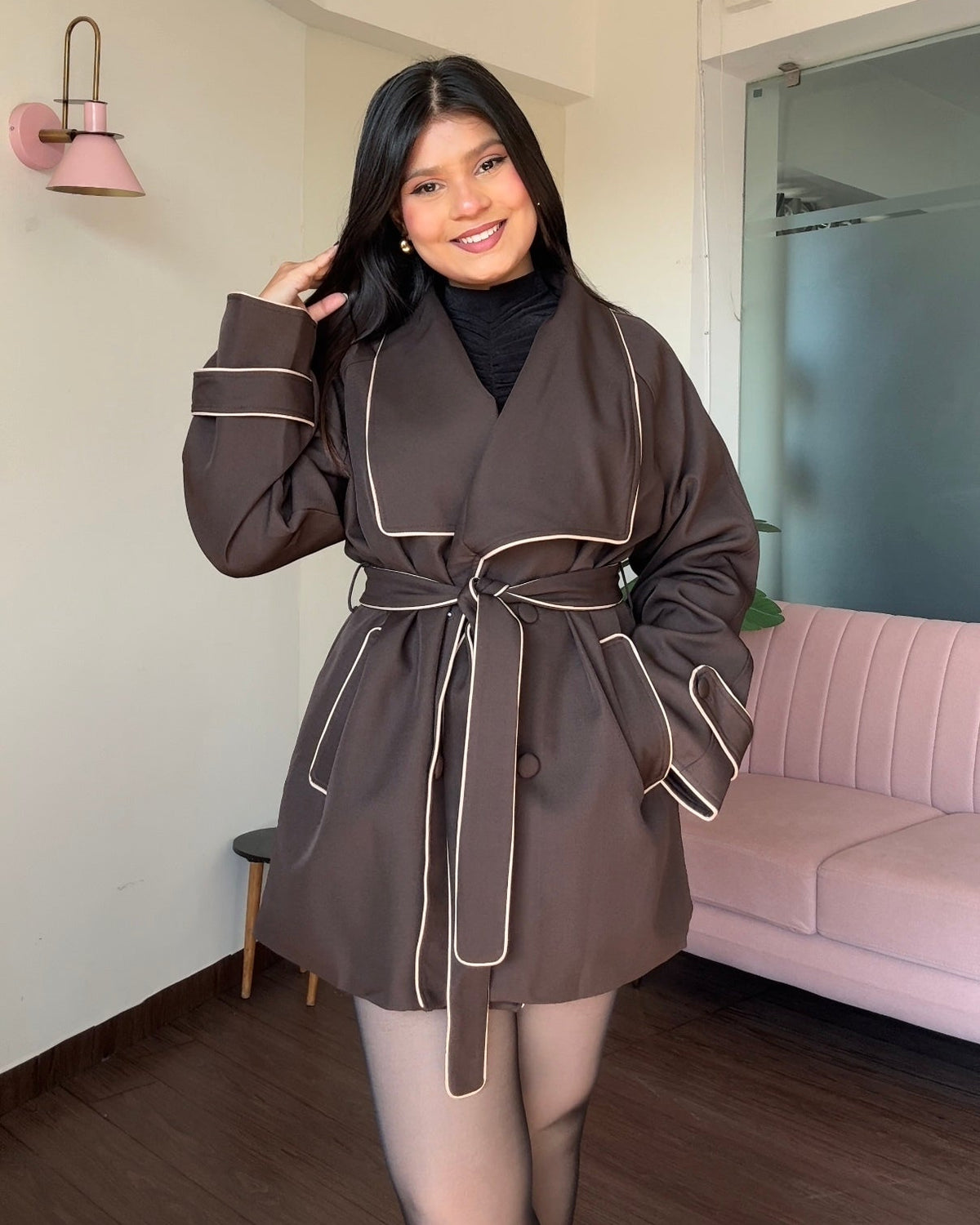 Contrast Detailing Mini Tie Up Trench Coat