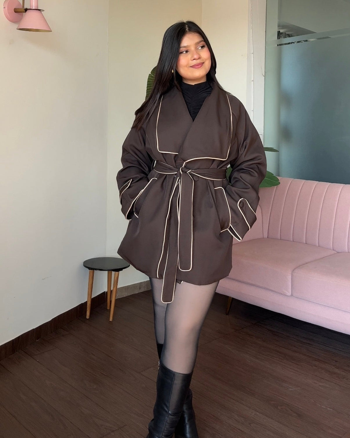 Contrast Detailing Mini Tie Up Trench Coat