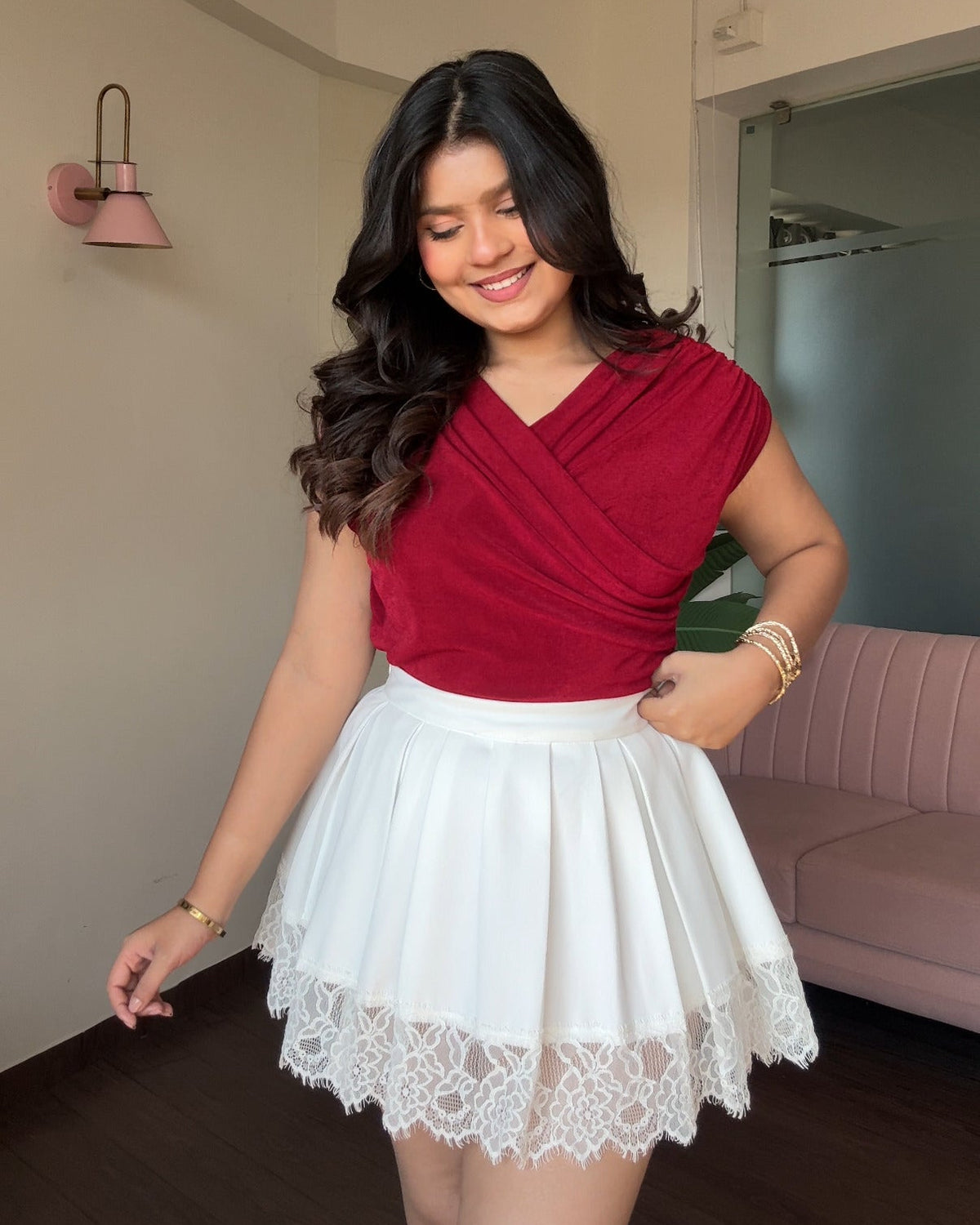 Pleated Flared Lace Detailing Mini Skirt