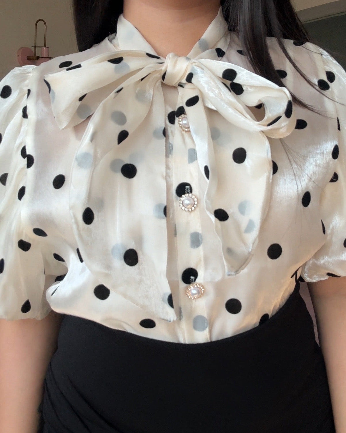 Polka Dot Puff Sleeve Organza Top With Inner