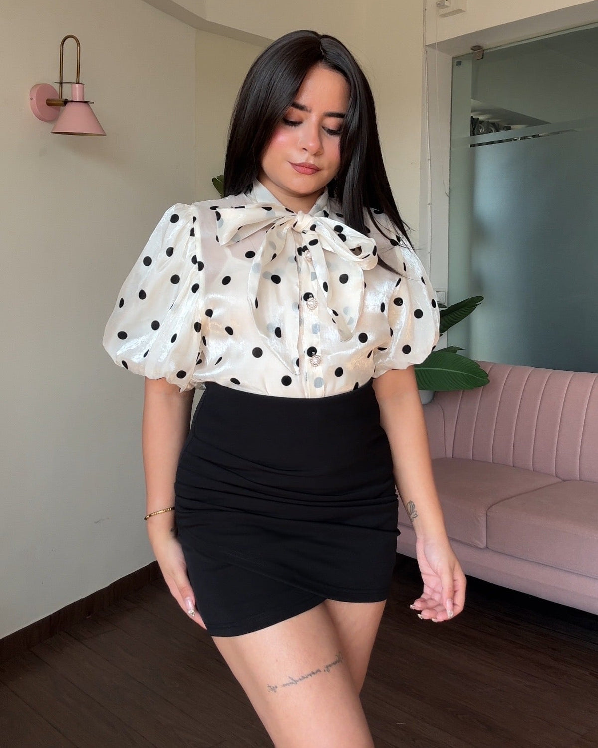 Polka Dot Puff Sleeve Organza Top With Inner