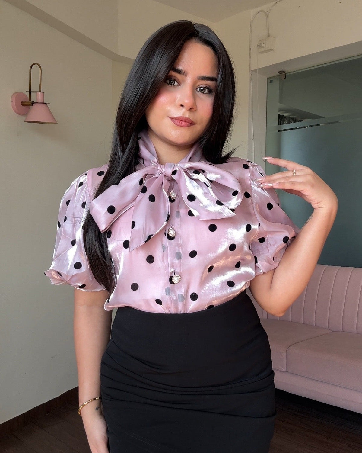 Polka Dot Puff Sleeve Organza Top With Inner
