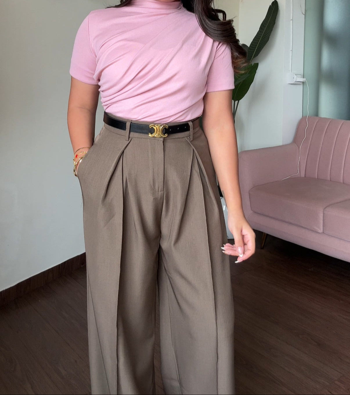 High Waisted Pleated Pants With Belt