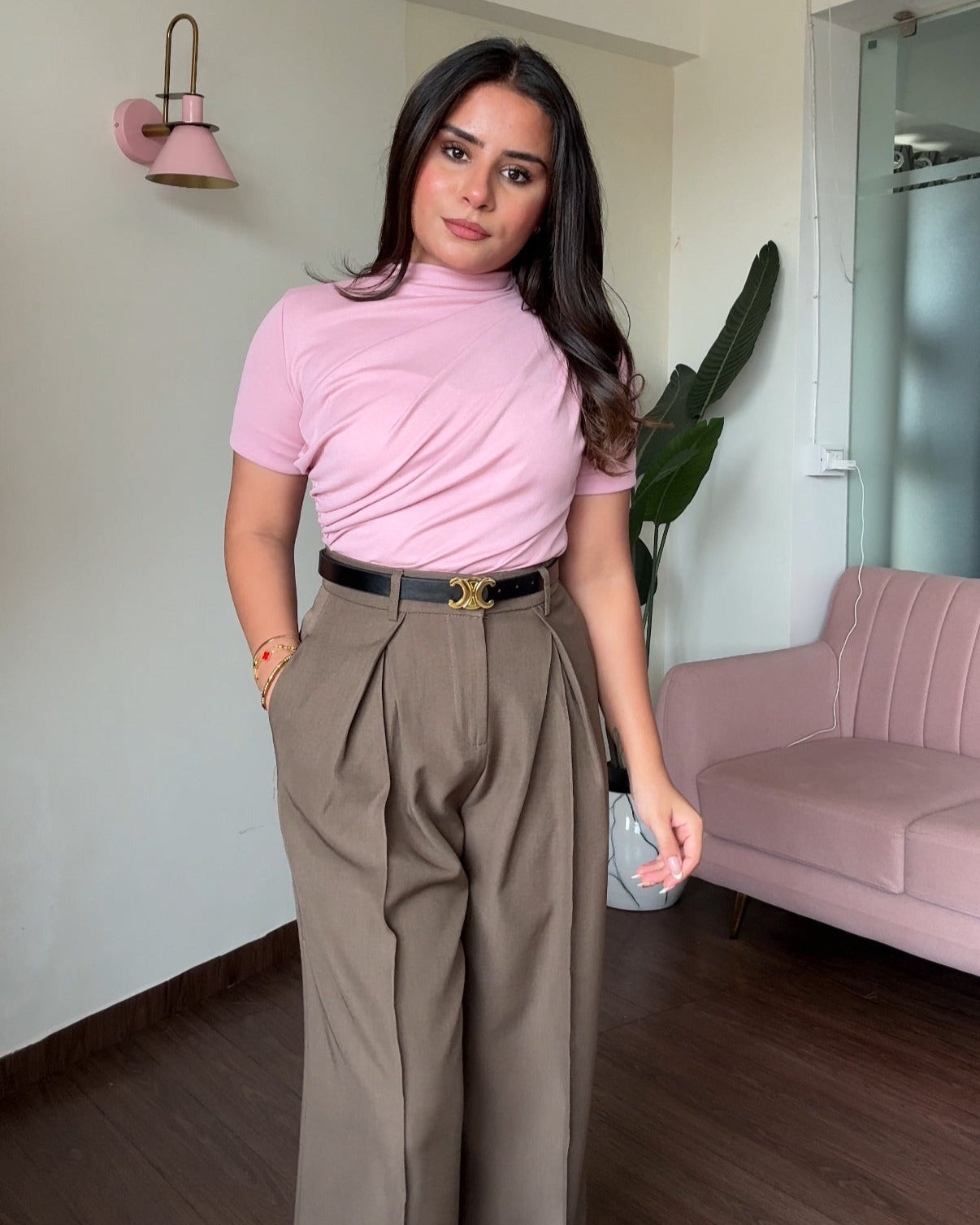 High Waisted Pleated Pants With Belt
