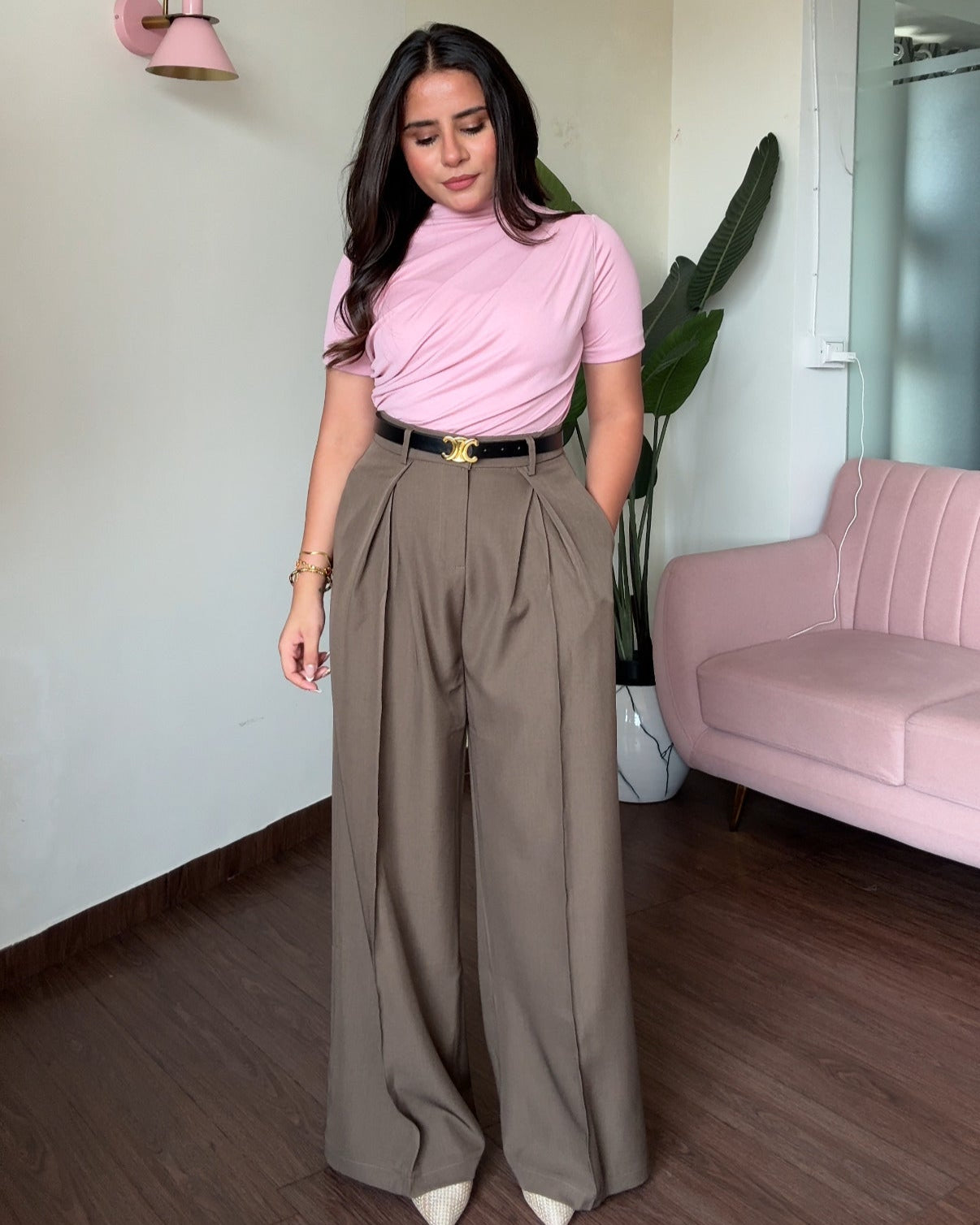 High Waisted Pleated Pants With Belt