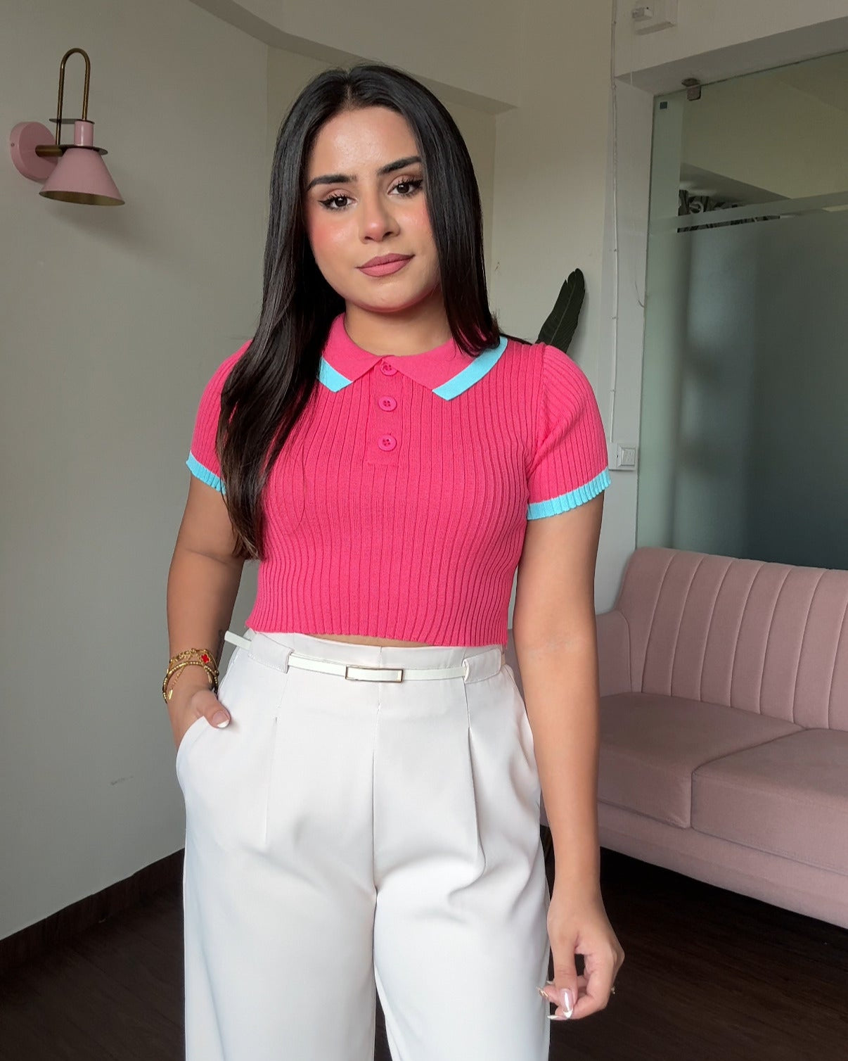 Contrast Polo Button-Up Ribbed Knitted Top