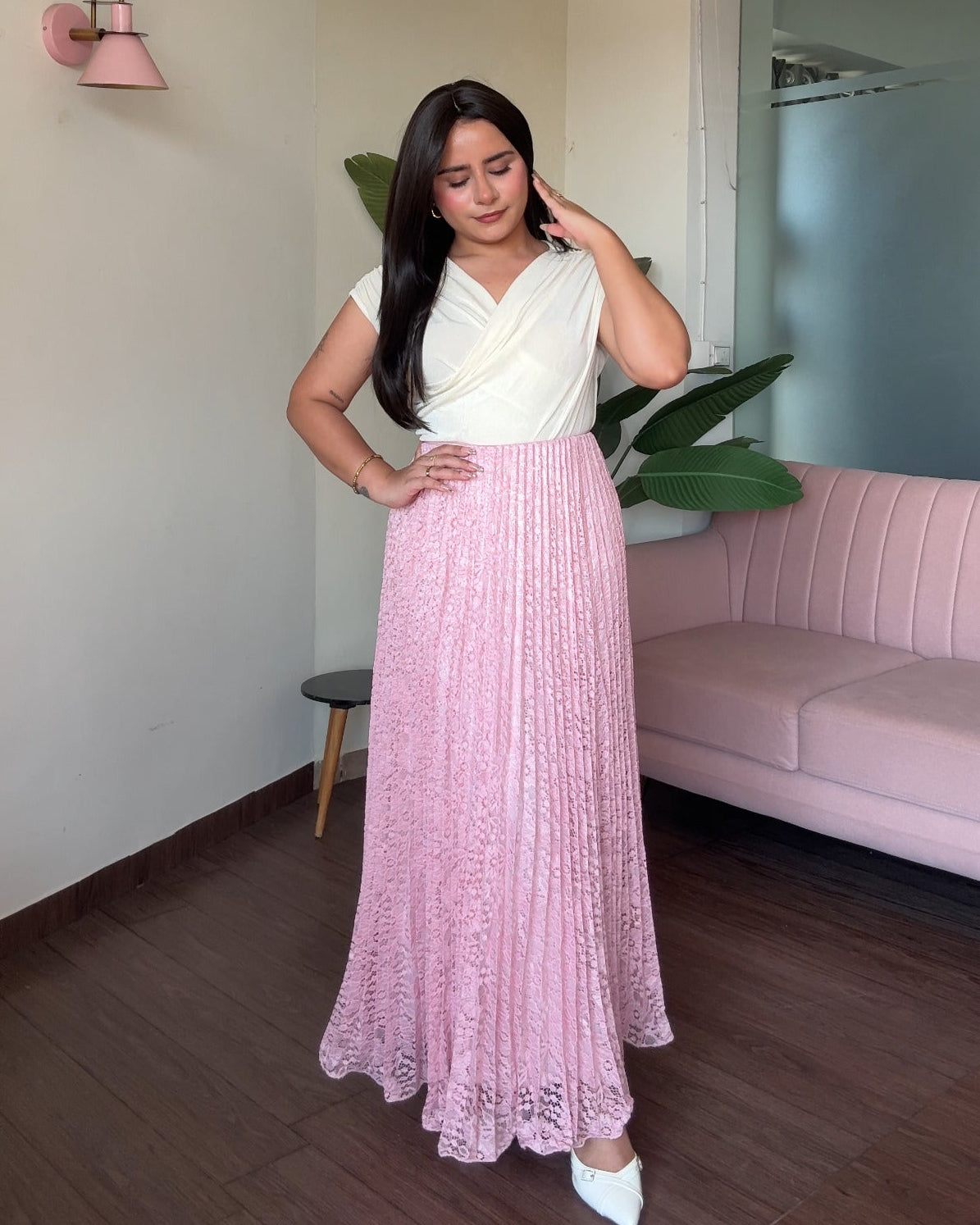 Lace Detailing Net Midi Skirt
