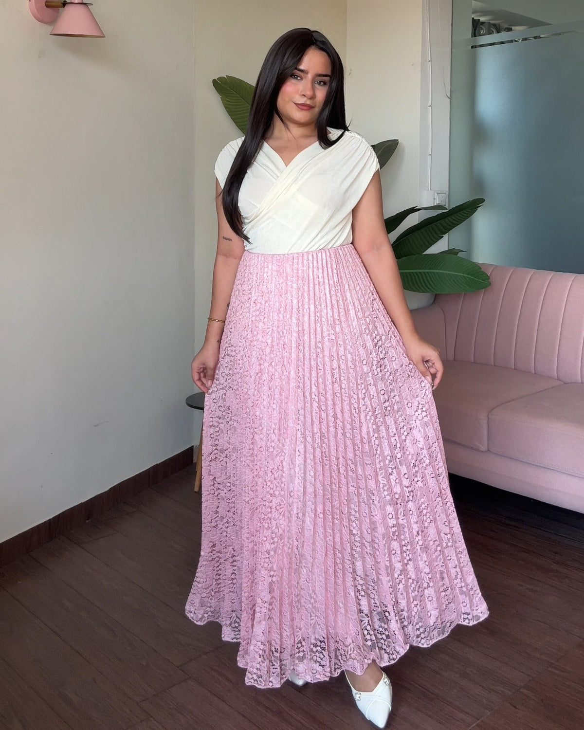 Lace Detailing Net Midi Skirt