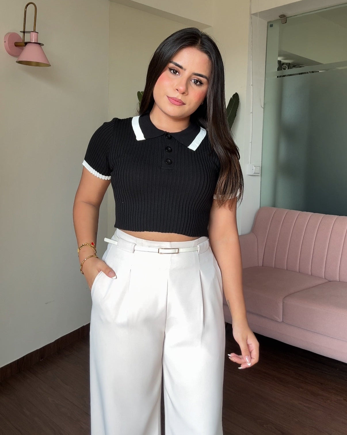 Contrast Polo Button-Up Ribbed Knitted Top