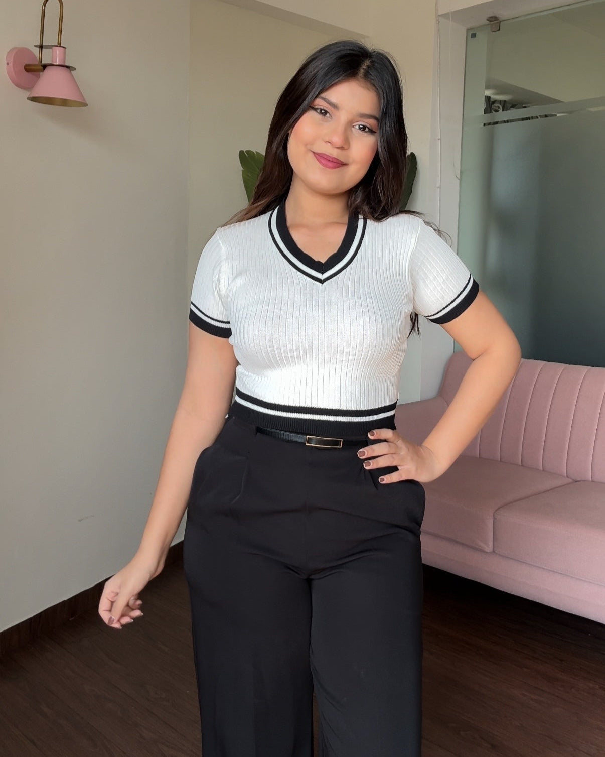 Contrast V Neck Ribbed Fitted Top