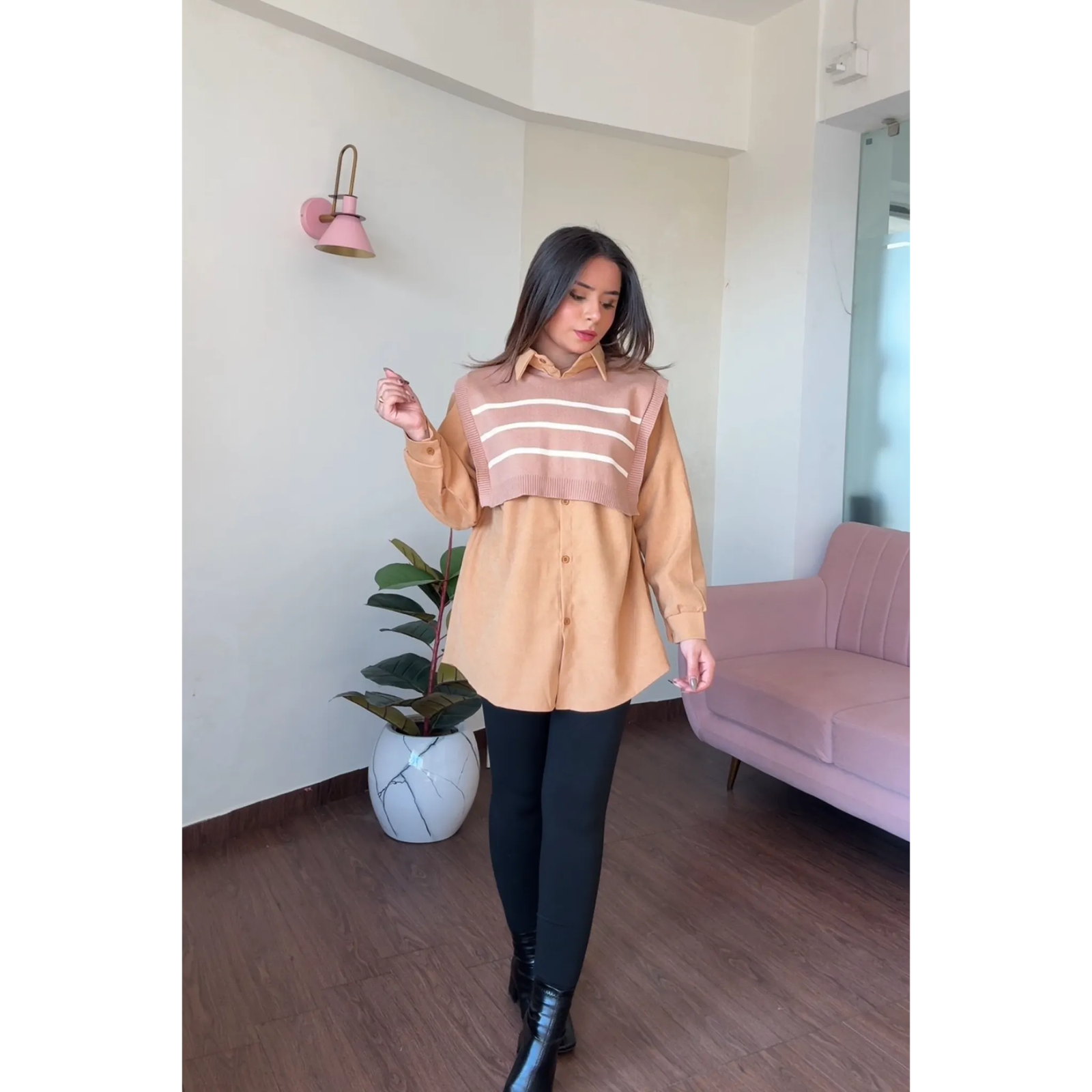 Oversized Shirt With Striped Sweater