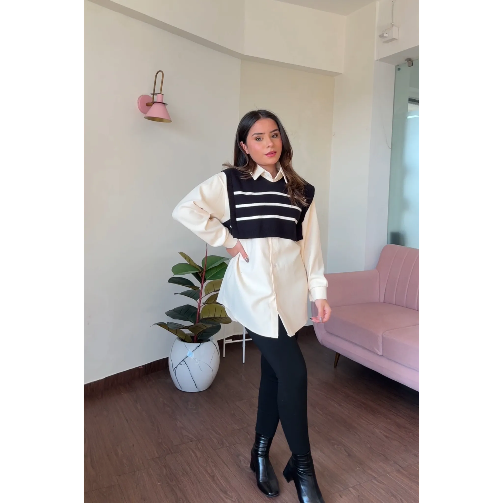 Oversized Shirt With Striped Sweater