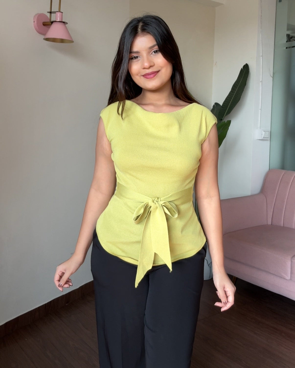 Boat Neck Tie-Up Asymmetrical Hem Knitted Top