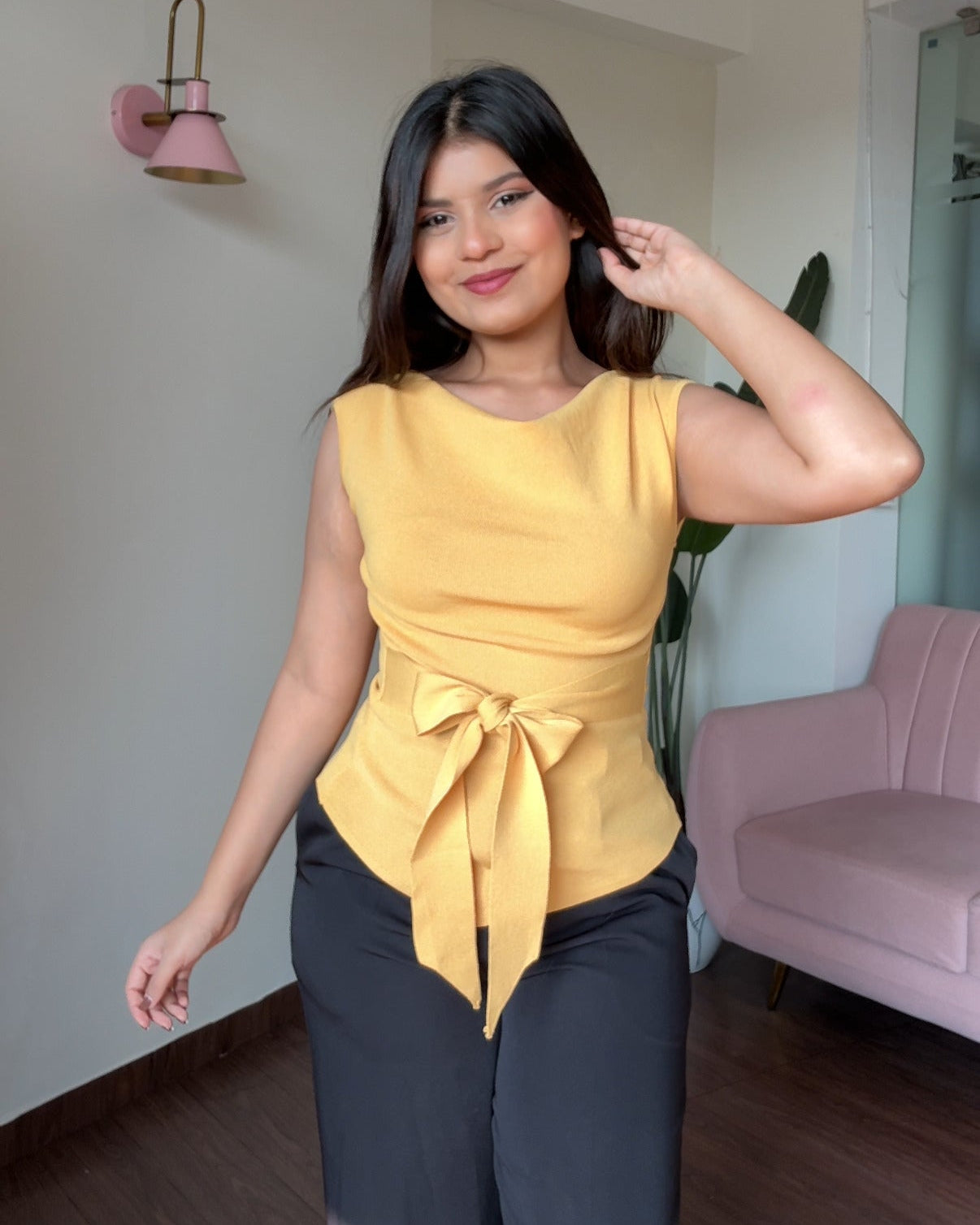 Boat Neck Tie-Up Asymmetrical Hem Knitted Top