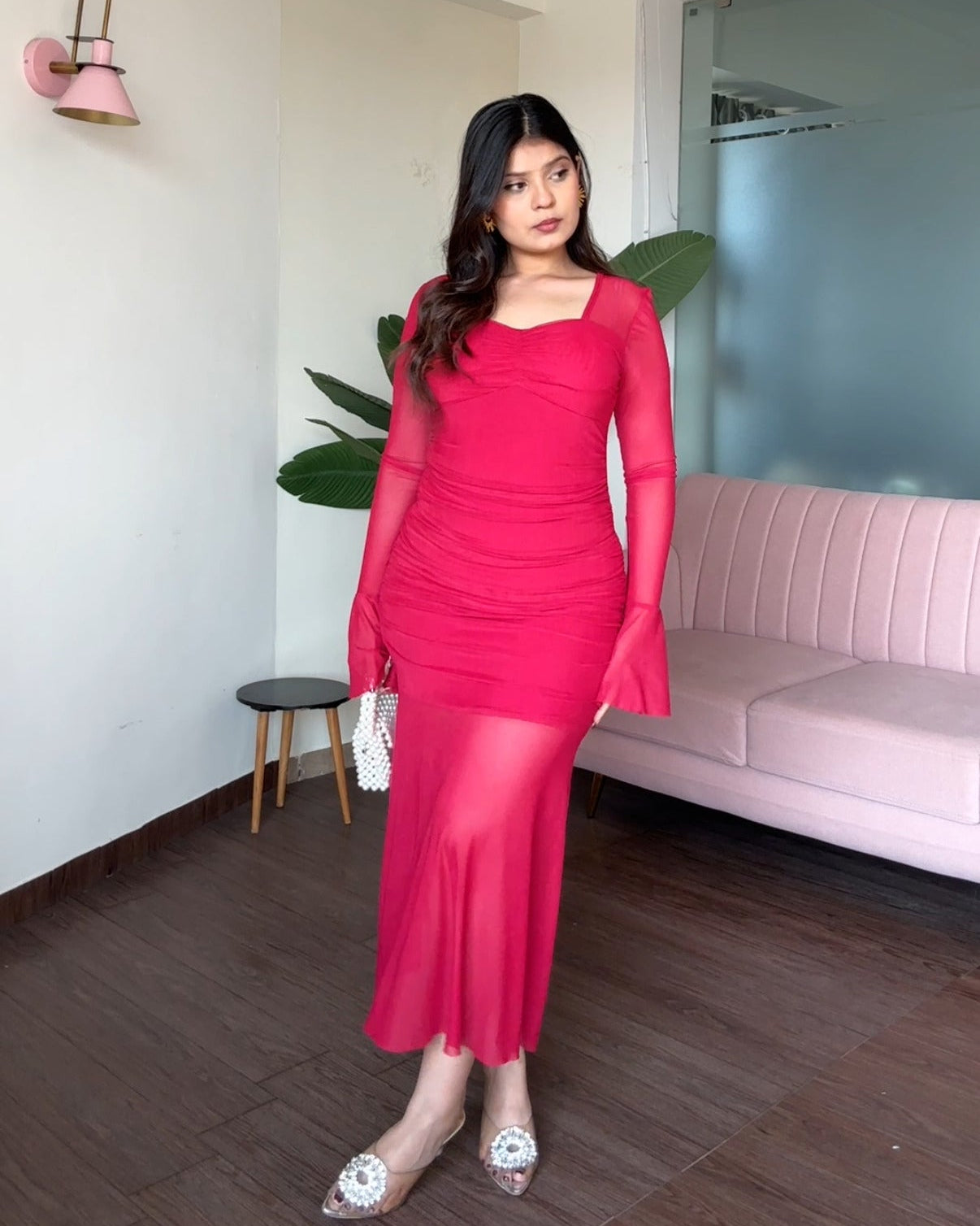 Ruched Neckline Mesh Detailing Fit And Flared Dress