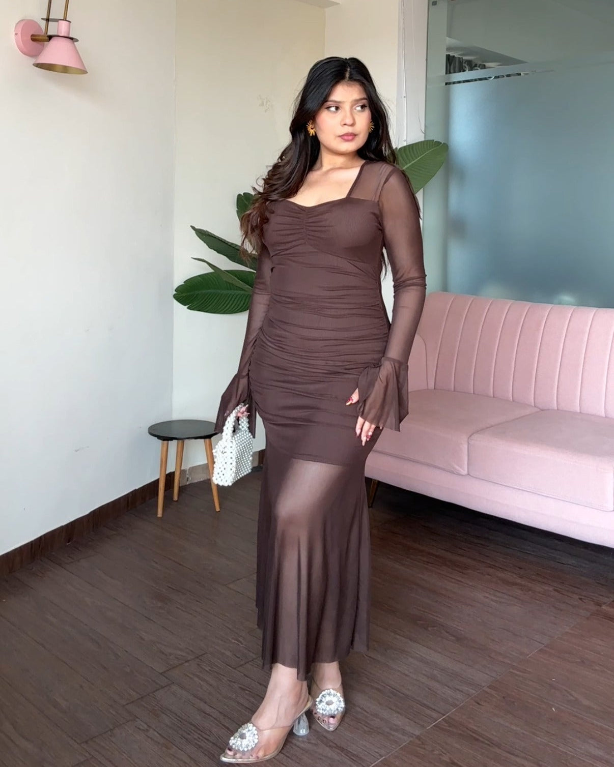 Ruched Neckline Mesh Detailing Fit And Flared Dress