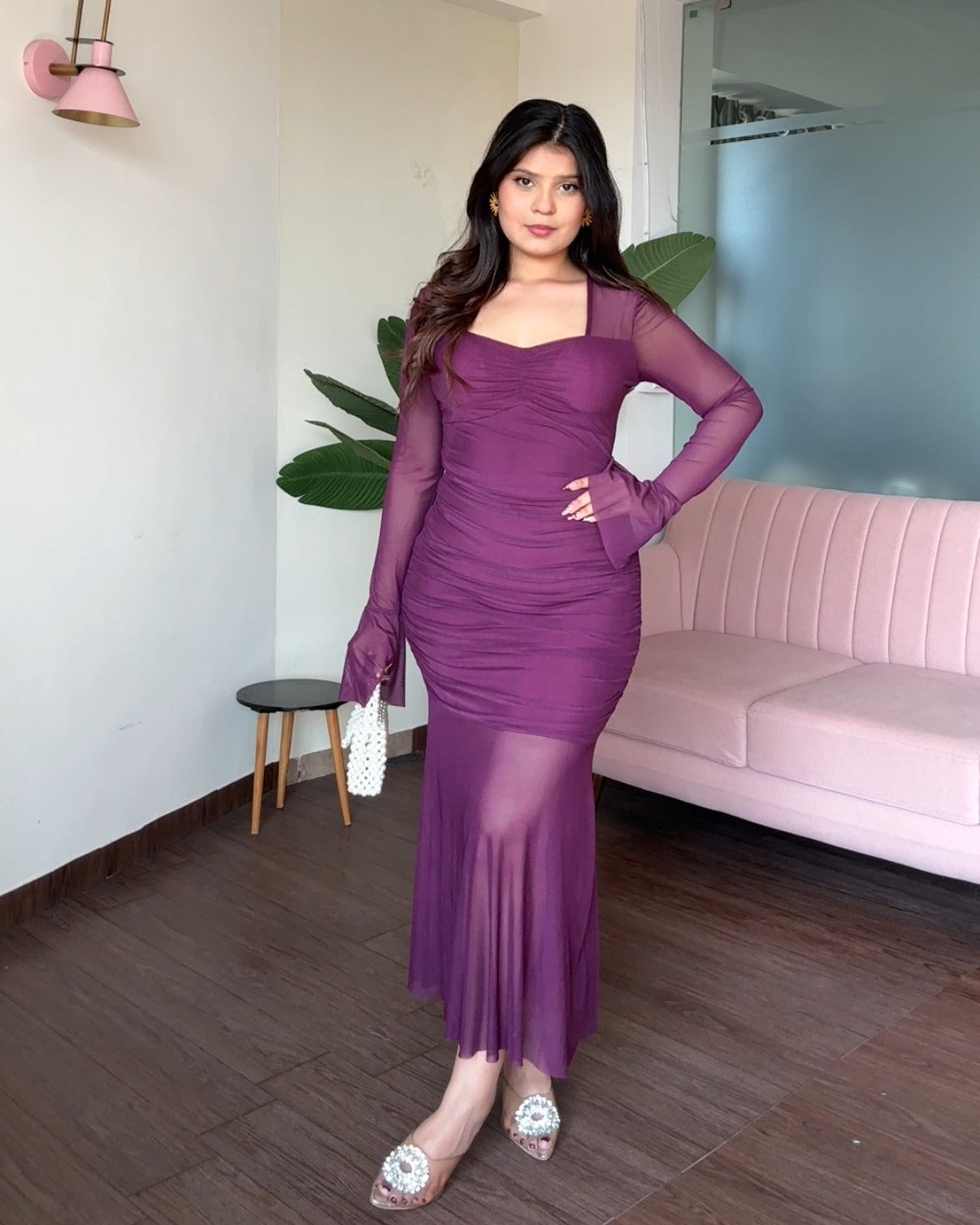 Ruched Neckline Mesh Detailing Fit And Flared Dress