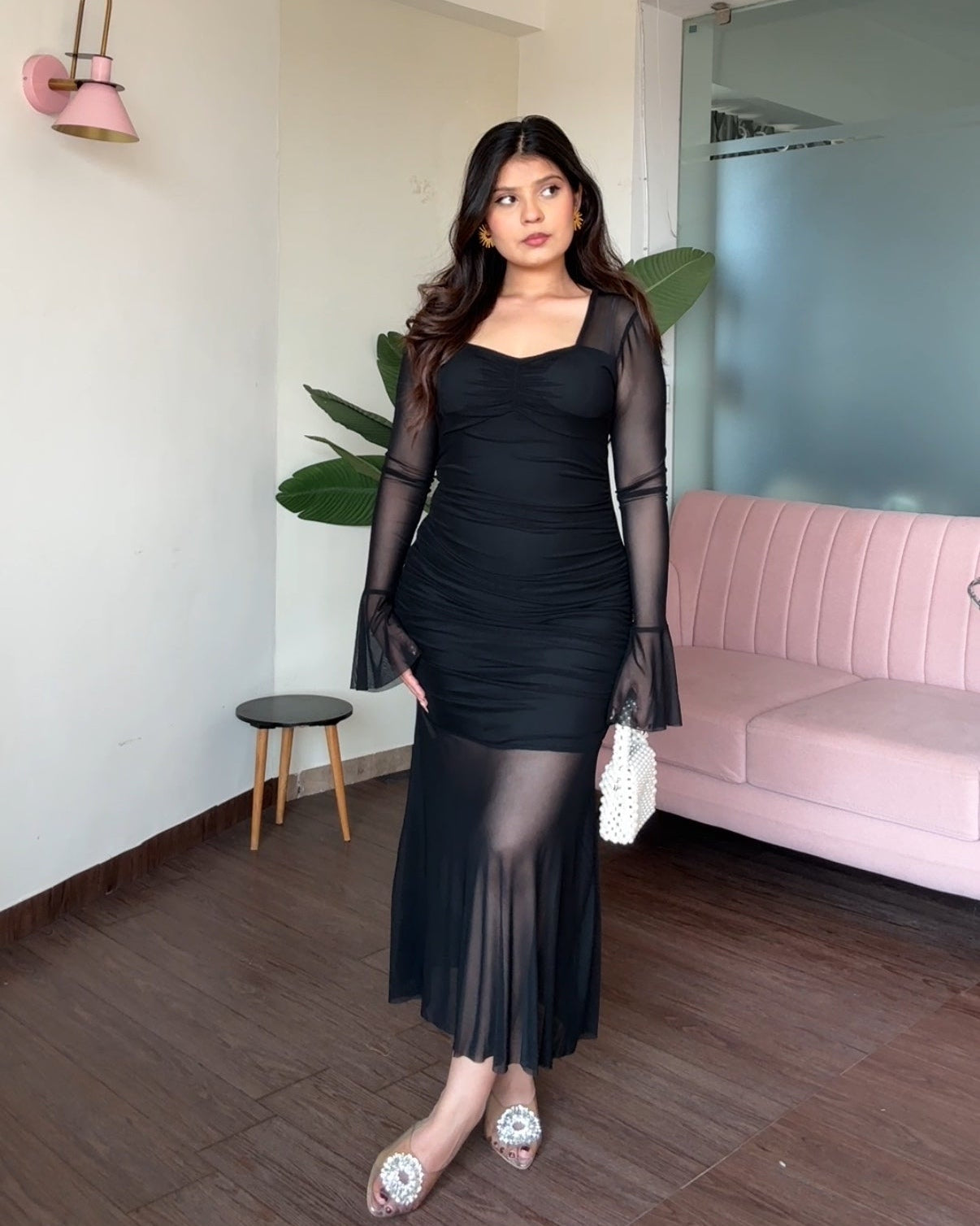 Ruched Neckline Mesh Detailing Fit And Flared Dress