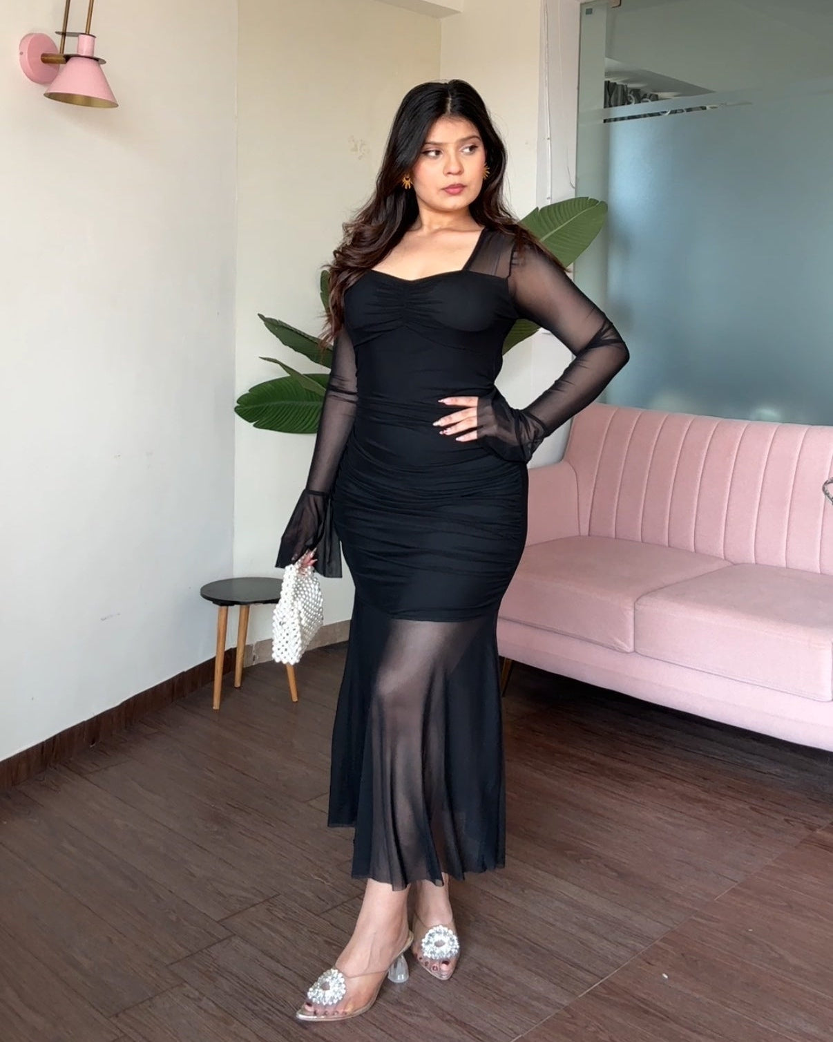 Ruched Neckline Mesh Detailing Fit And Flared Dress