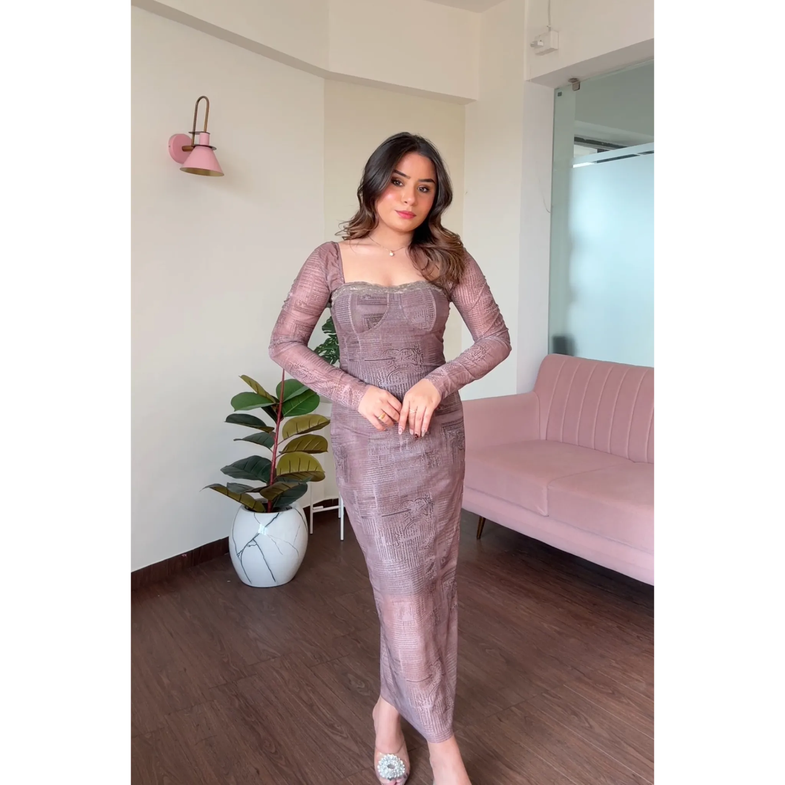 Printed Padded Mesh Maxi Dress