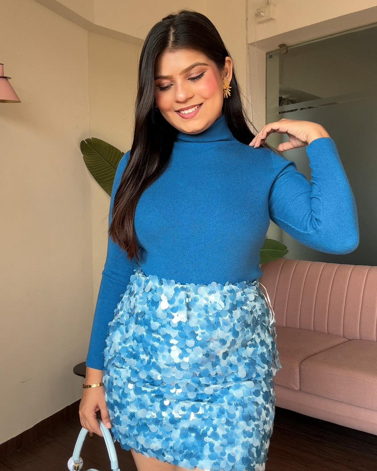 Chunky Sequin Mini Skirt &  Turtleneck Top