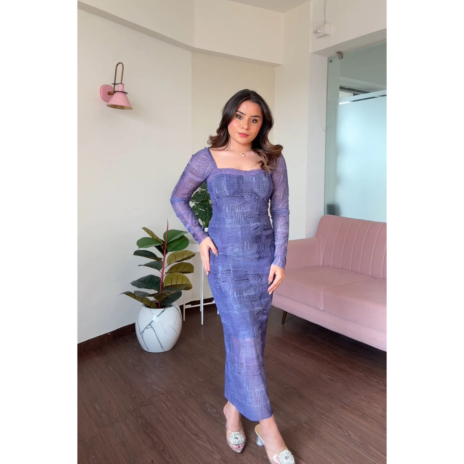 Printed Padded Mesh Maxi Dress