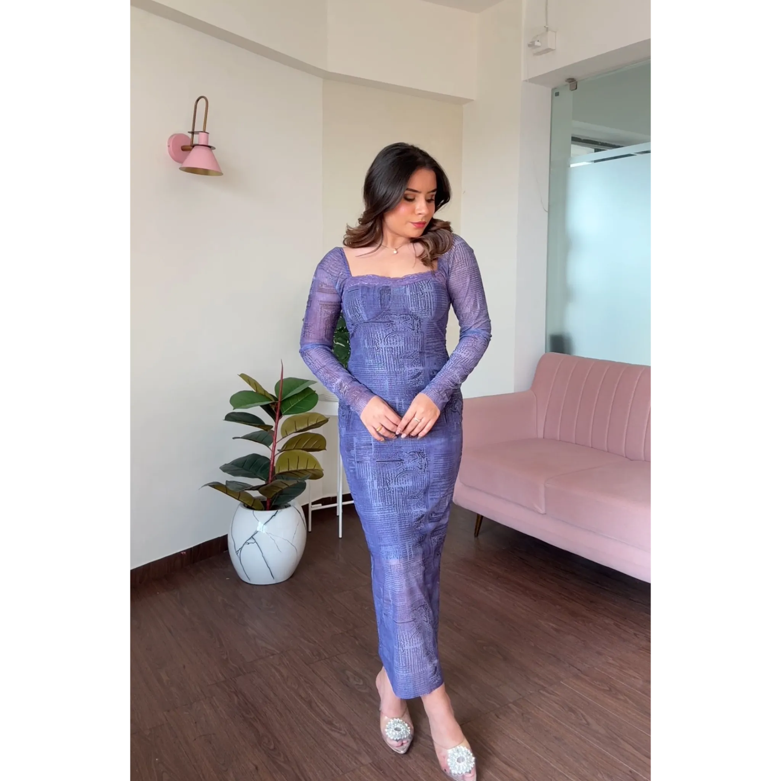 Printed Padded Mesh Maxi Dress