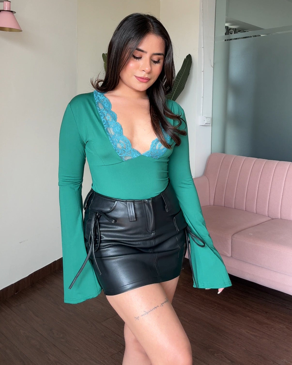 V-Neck Lacy Flared Sleeve Fitted Top