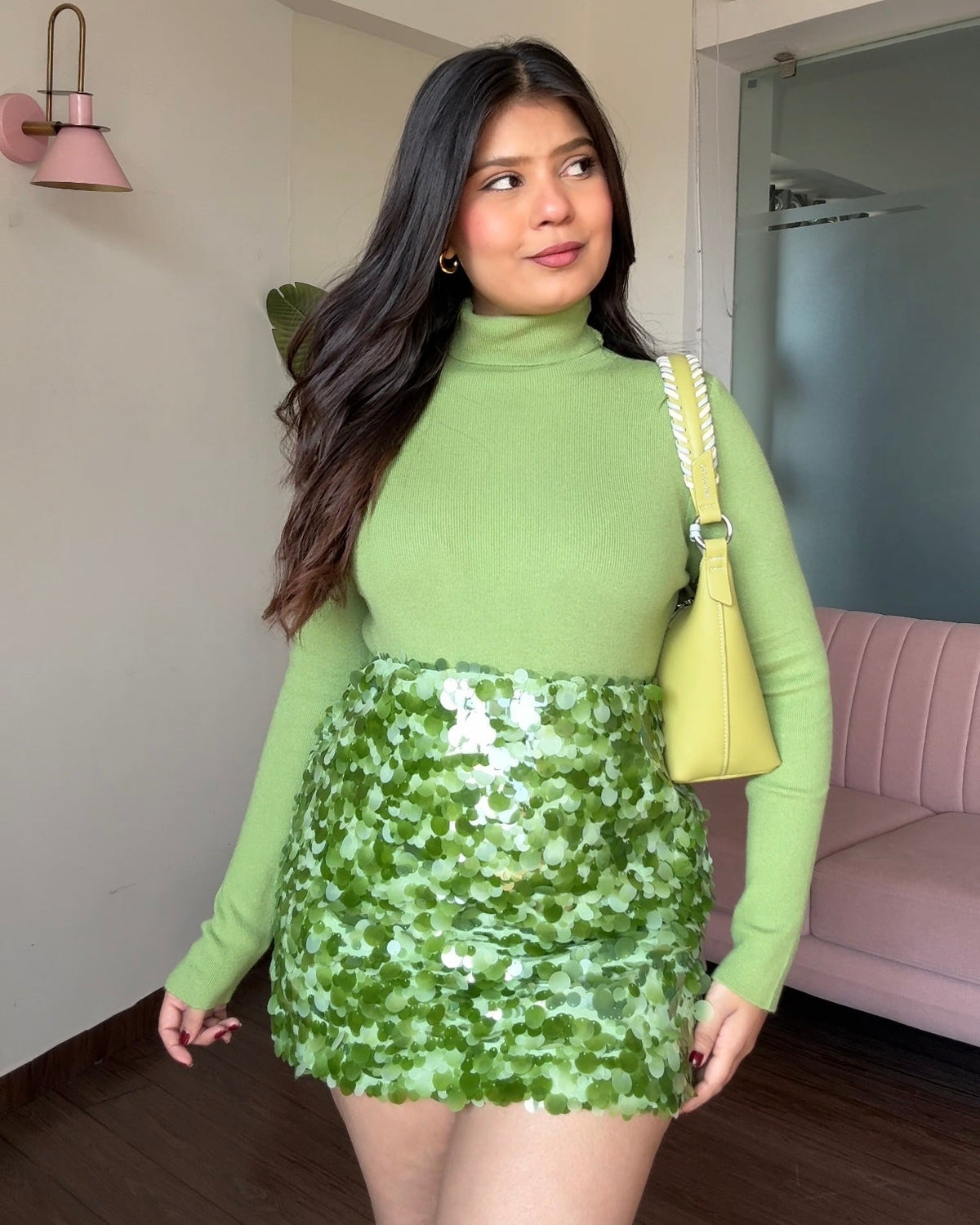 Chunky Sequin Mini Skirt &  Turtleneck Top