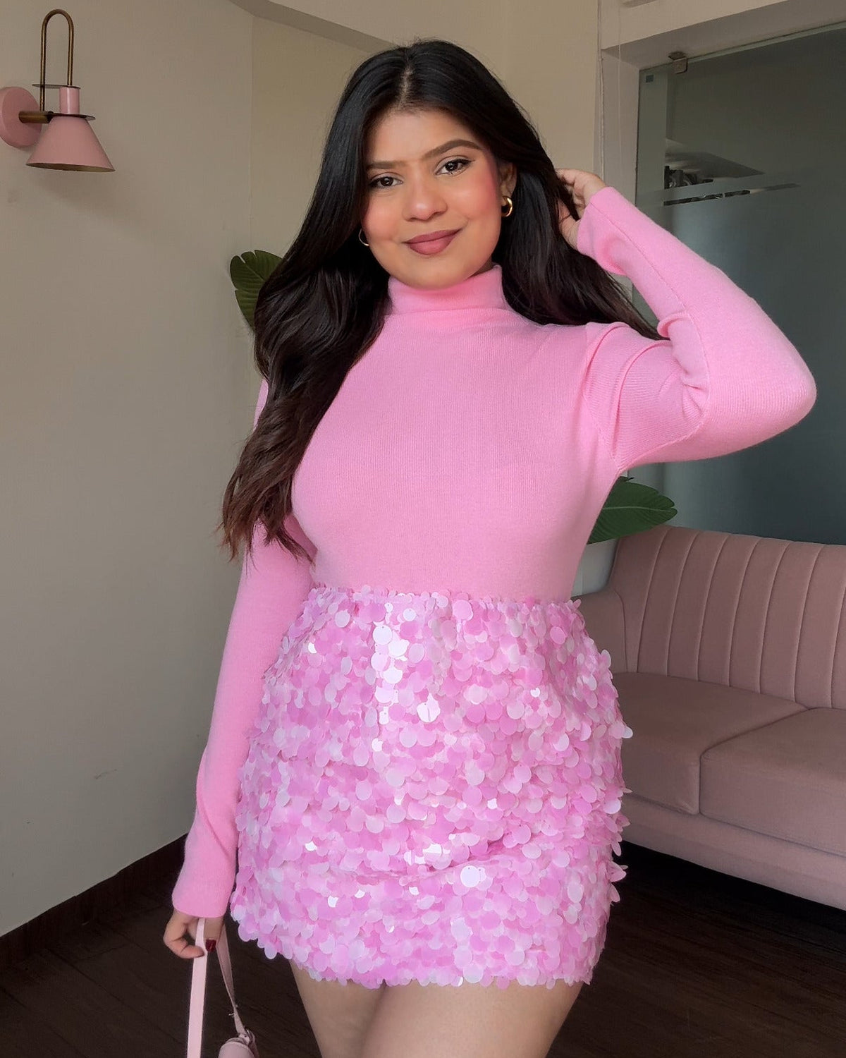 Chunky Sequin Mini Skirt &  Turtleneck Top