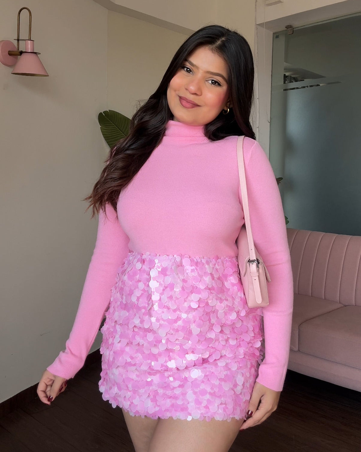 Chunky Sequin Mini Skirt &  Turtleneck Top