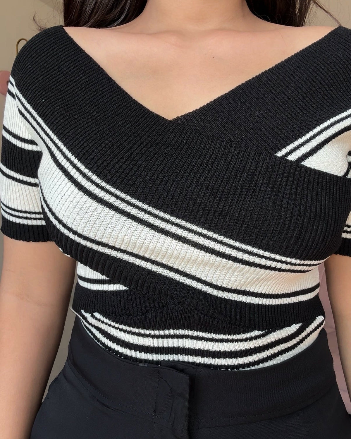 Criss Cross Stripped Detailing Ribbed Top
