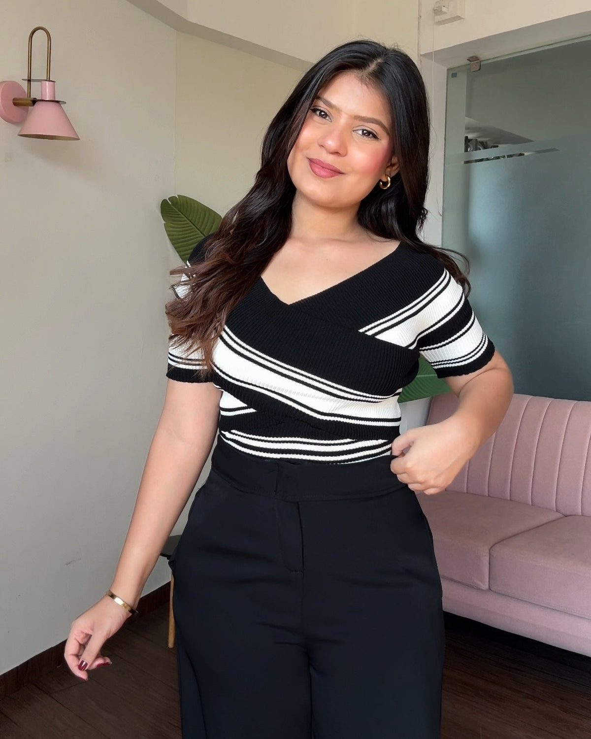 Criss Cross Stripped Detailing Ribbed Top