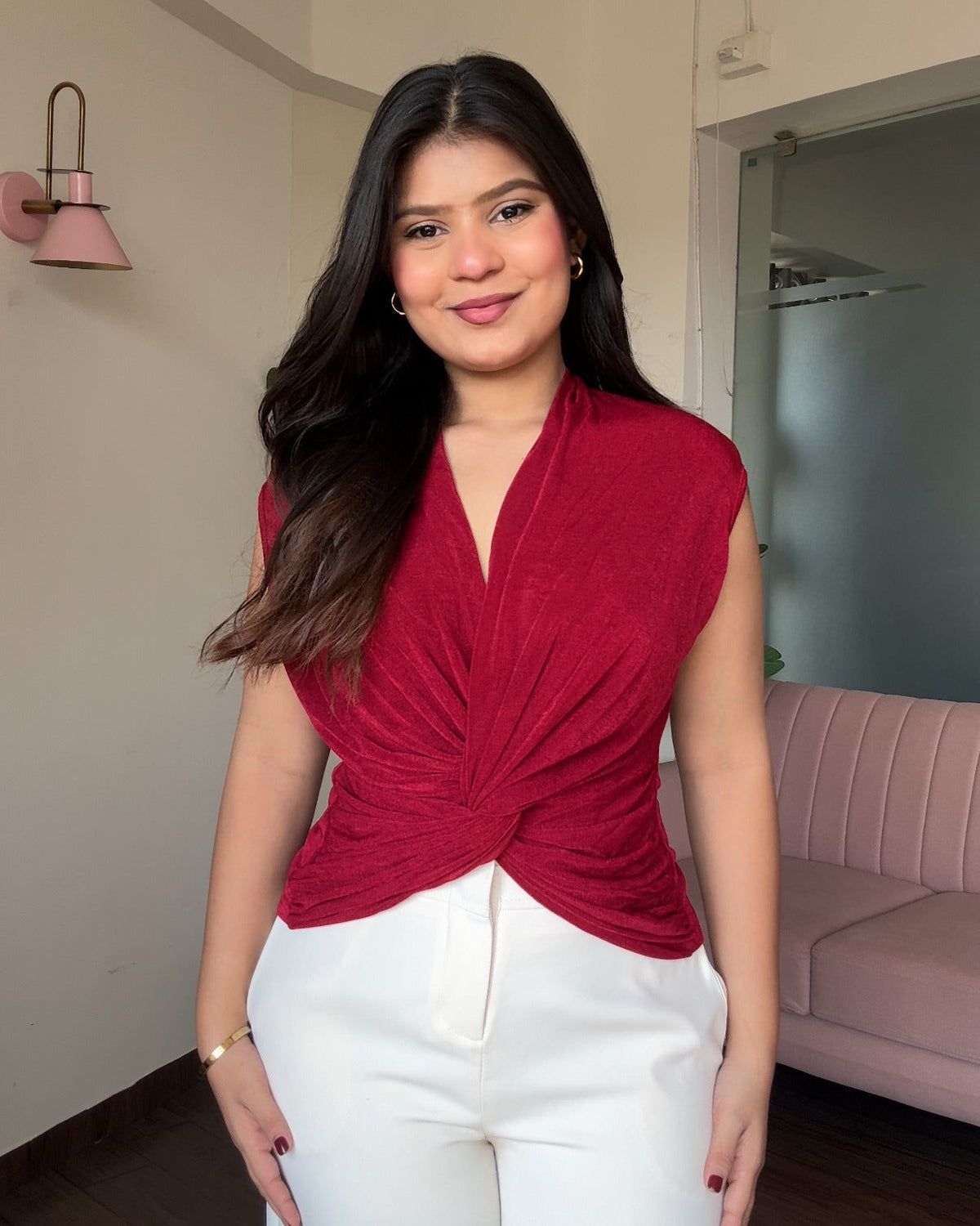 Cut Sleeve Knot Detailing Ruched Top