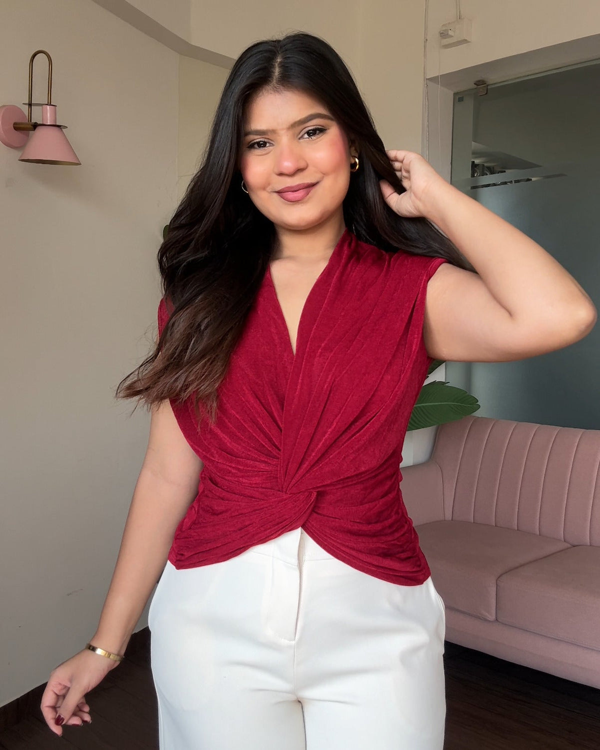 Cut Sleeve Knot Detailing Ruched Top