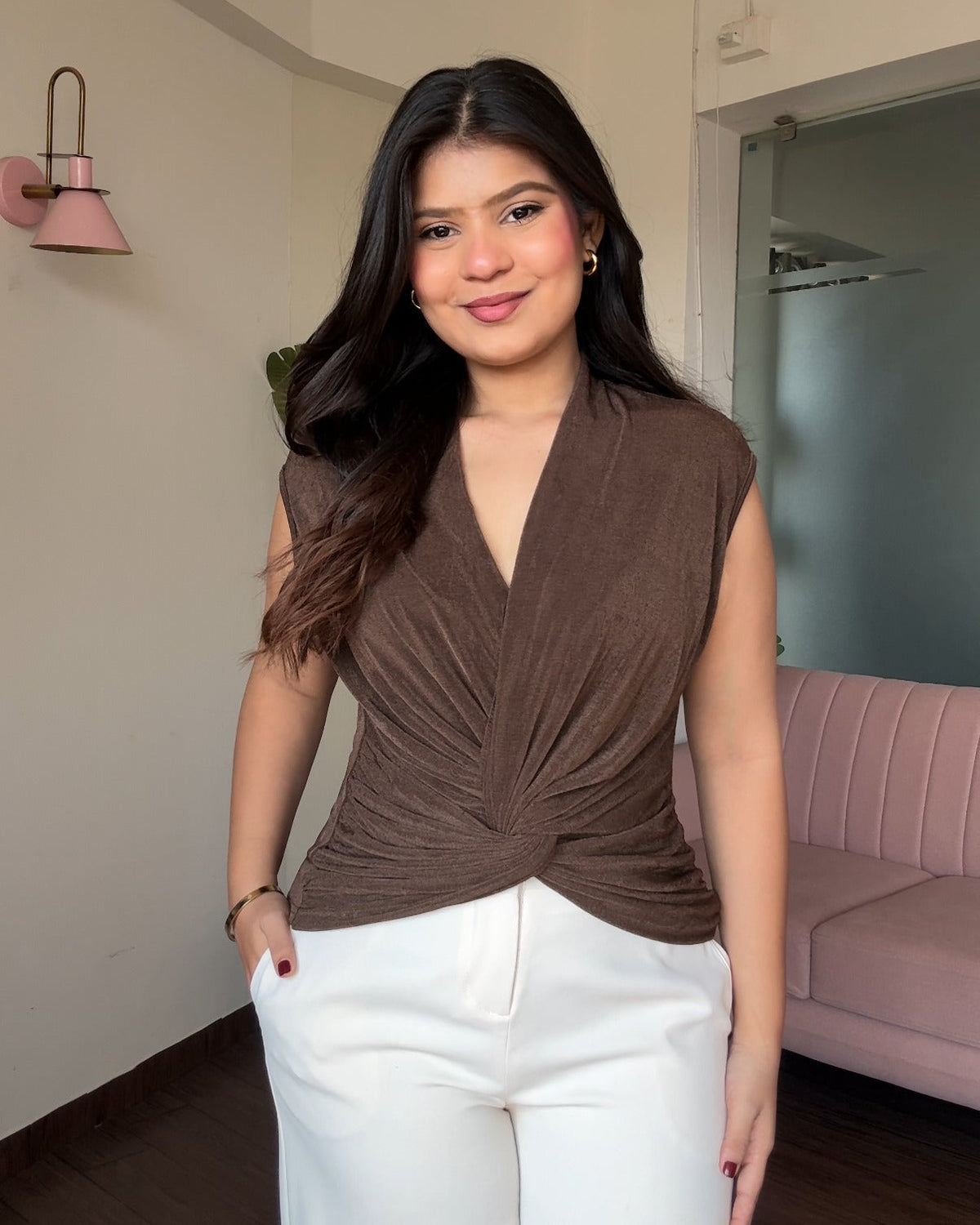 Cut Sleeve Knot Detailing Ruched Top