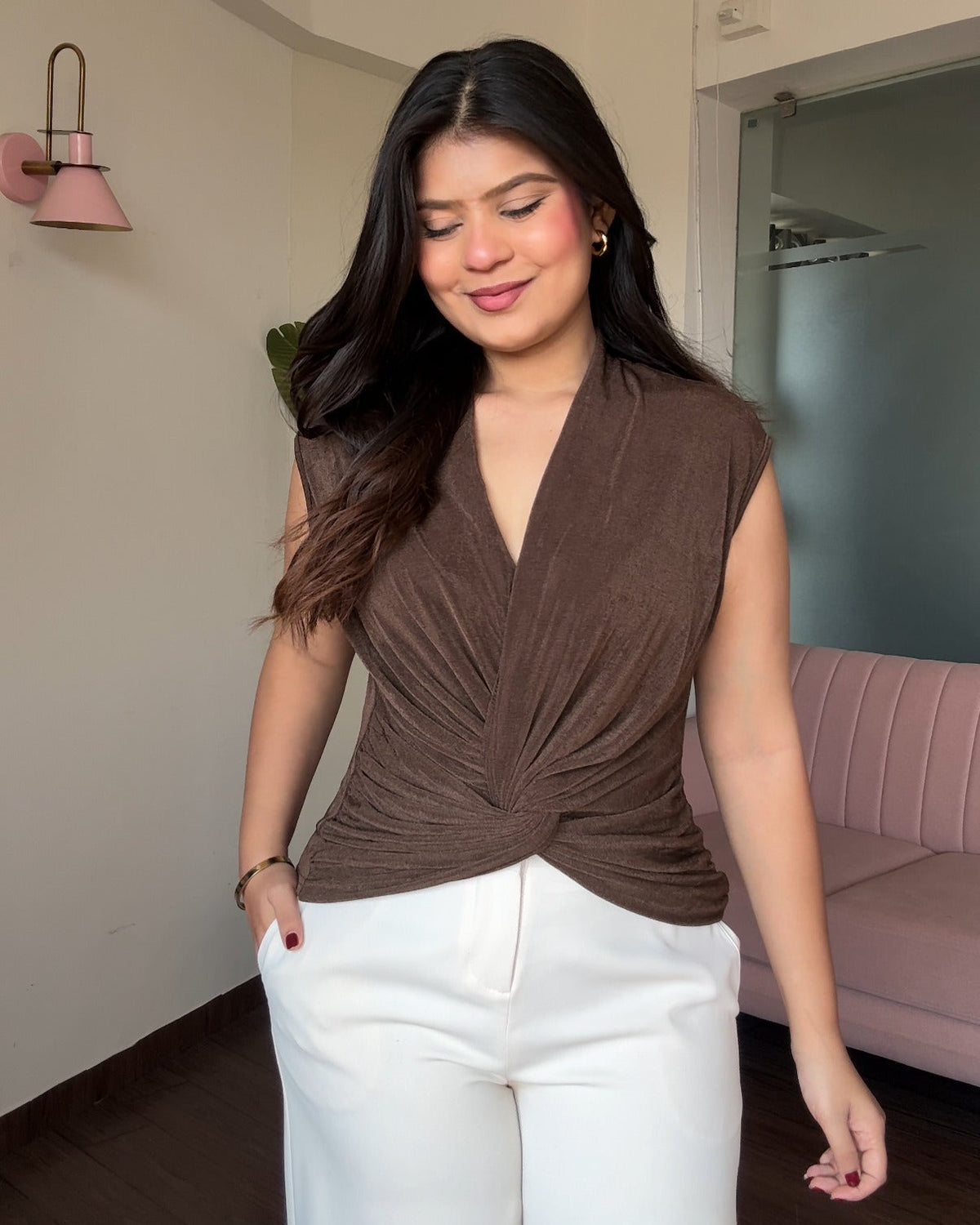 Cut Sleeve Knot Detailing Ruched Top