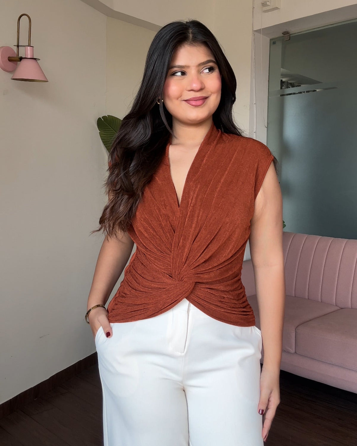 Cut Sleeve Knot Detailing Ruched Top