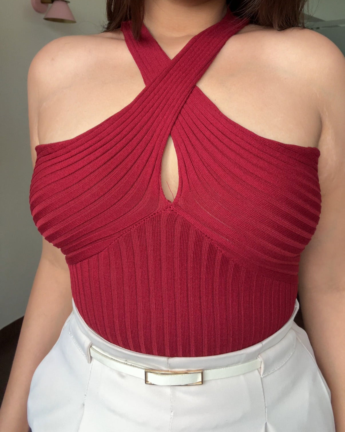 Cross-Neck Cutout Ribbed Top