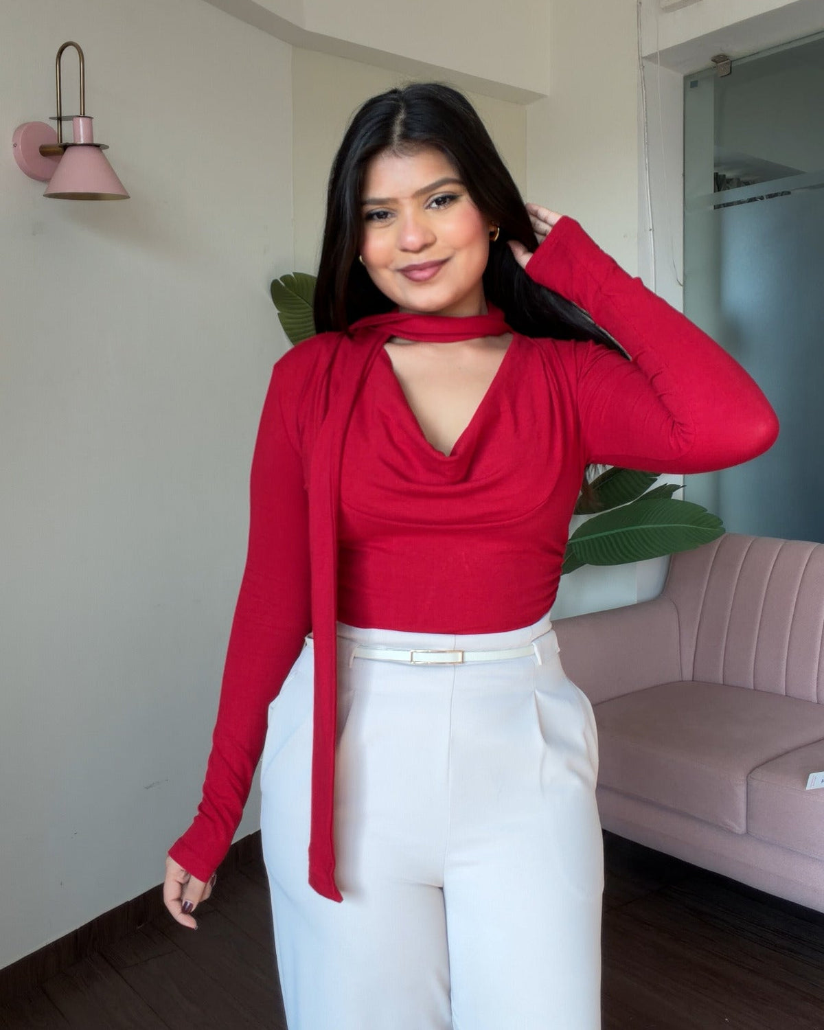 Full Sleeve Tie Up Cowl Neck Top