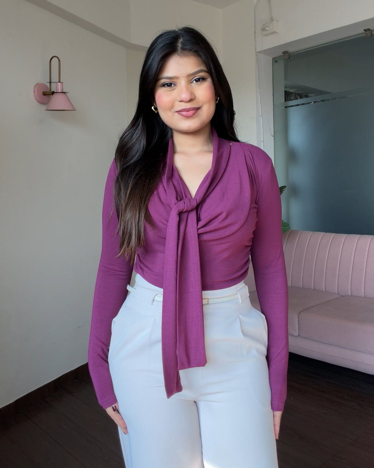 Full Sleeve Tie Up Cowl Neck Top