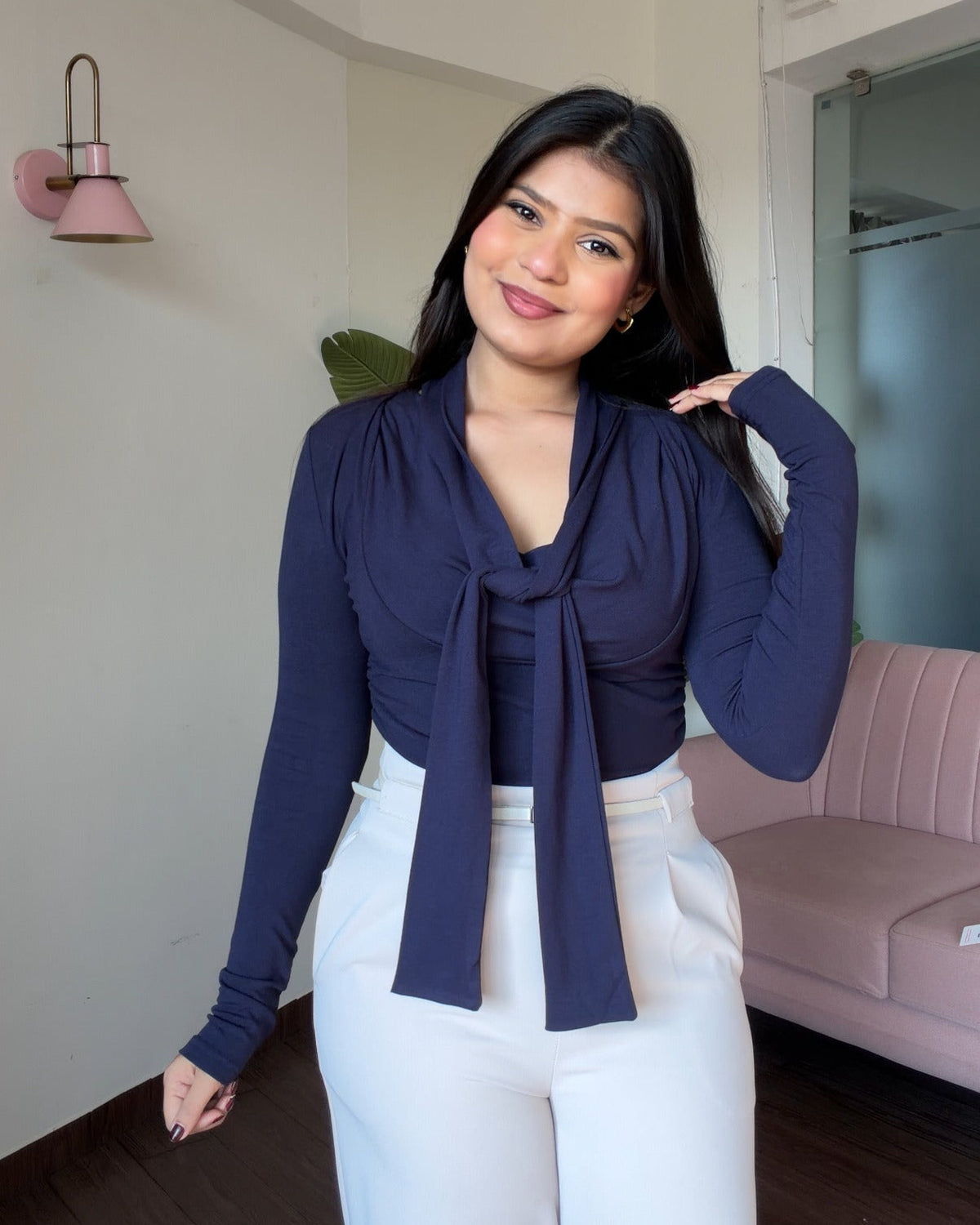 Full Sleeve Tie Up Cowl Neck Top