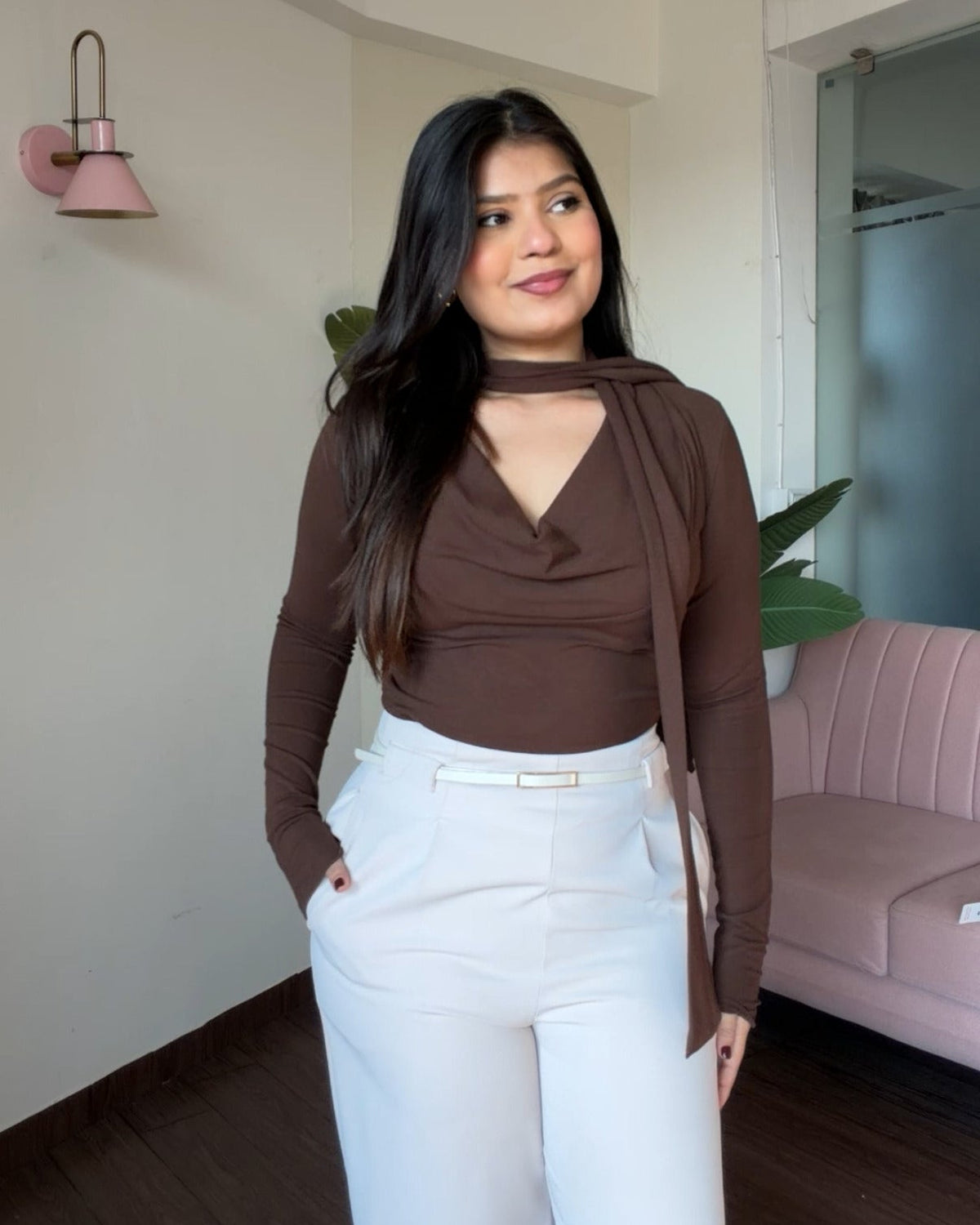 Full Sleeve Tie Up Cowl Neck Top